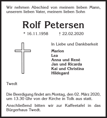 Traueranzeige von Rolf Petersen von Flensburger Tageblatt