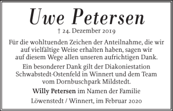 Traueranzeige von Uwe Petersen von Husumer Nachrichten