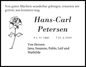 Traueranzeige von Hans-Carl Petersen von Flensburger Tageblatt
