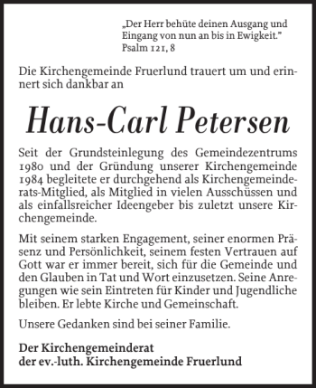 Traueranzeige von Hans-Carl Petersen von Flensburger Tageblatt