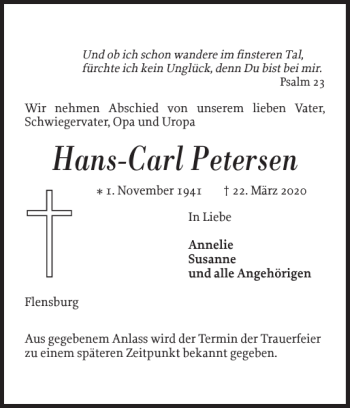Traueranzeige von Hans-Carl Petersen von Flensburger Tageblatt