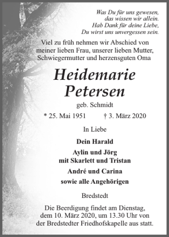 Traueranzeige von Heidemarie Petersen von Husumer Nachrichten