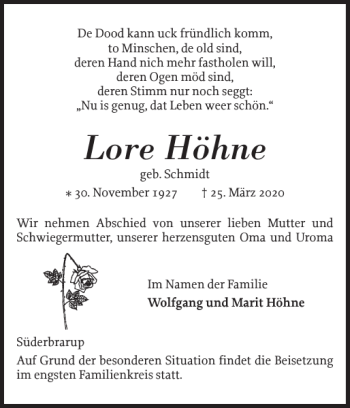 Traueranzeige von Lore Höhne von Schleswiger Nachrichten