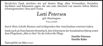 Traueranzeige von Lotti Petersen von Flensburger Tageblatt
