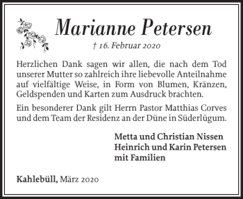 Traueranzeige von Marianne Petersen von Nordfriesland Tageblatt