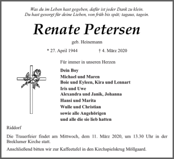 Traueranzeige von Renate Petersen von Husumer Nachrichten