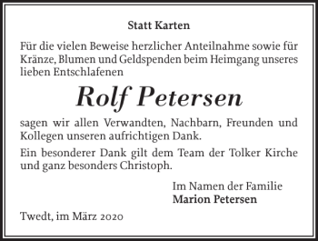 Traueranzeige von Rolf Petersen von Flensburger Tageblatt