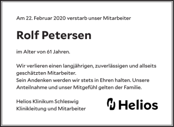 Traueranzeige von Rolf Petersen von Schleswiger Nachrichten