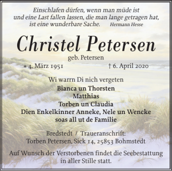 Traueranzeige von Christel Petersen von Husumer Nachrichten