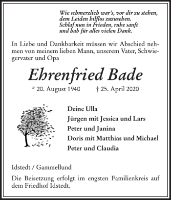 Traueranzeige von Ehrenfried Bade von Flensburger Tageblatt