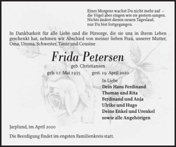 Traueranzeige von Frida Petersen von Flensburger Tageblatt