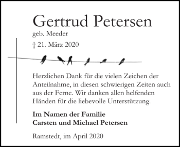 Traueranzeige von Gertrud Petersen von Husumer Nachrichten