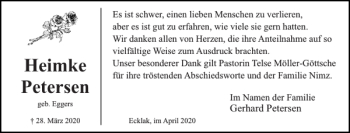 Traueranzeige von Heimke Petersen von Norddeutsche Rundschau