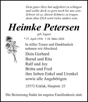 Traueranzeige von Heimke Petersen von Norddeutsche Rundschau