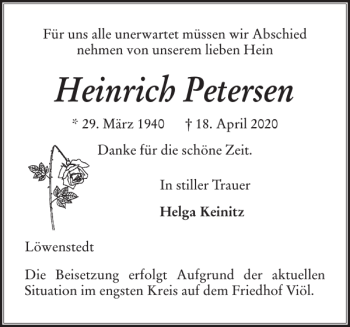Traueranzeige von Heinrich Petersen von Husumer Nachrichten