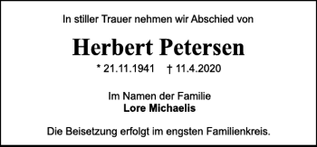 Traueranzeige von Herbert Petersen von Holsteinischer Courier