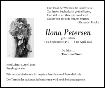 Traueranzeige von Ilona Petersen von Der Insel-Bote