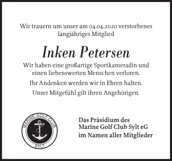 Traueranzeige von Inken Petersen von Sylter Rundschau