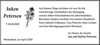 Traueranzeige von Inken Petersen von Sylter Rundschau