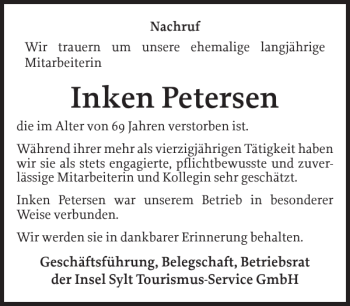 Traueranzeige von Inken Petersen von Sylter Rundschau