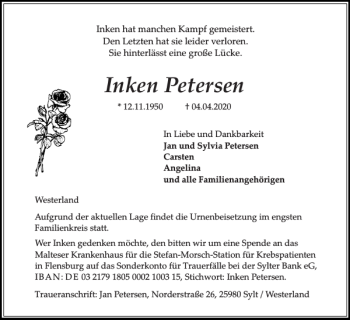 Traueranzeige von Inken Petersen von Sylter Rundschau