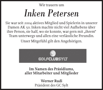 Traueranzeige von Inken Petersen von Sylter Rundschau