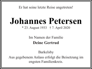 Traueranzeige von Johannes Petersen von Eckernförder Zeitung