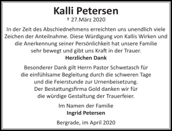 Traueranzeige von Kalli Petersen von Stormarner Tageblatt