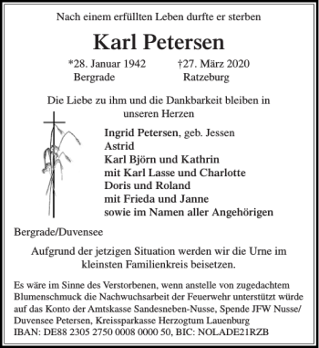 Traueranzeige von Karl Petersen von Stormarner Tageblatt
