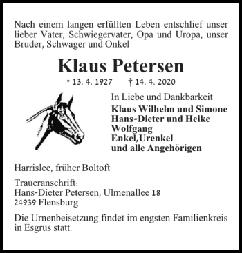 Traueranzeige von Klaus Petersen von Flensburger Tageblatt