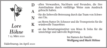 Traueranzeige von Lore Höhne von Schleswiger Nachrichten