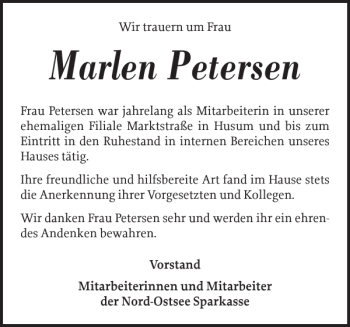 Traueranzeige von Marlen Petersen von Husumer Nachrichten