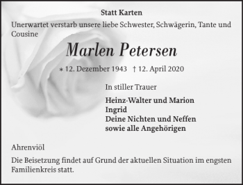 Traueranzeige von Marlen Petersen von Husumer Nachrichten