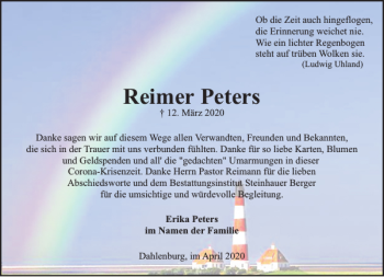 Traueranzeige von Reimer Peters von Husumer Nachrichten