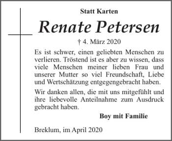 Traueranzeige von Renate Petersen von Husumer Nachrichten