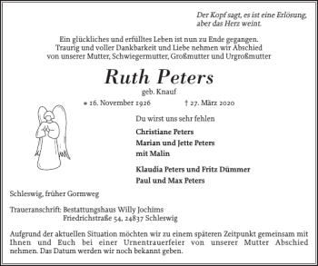 Traueranzeige von Ruth Peters von Schleswiger Nachrichten