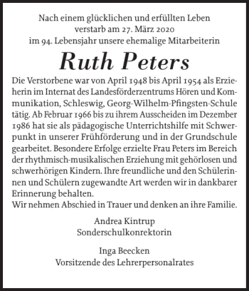 Traueranzeige von Ruth Peters von Schleswiger Nachrichten
