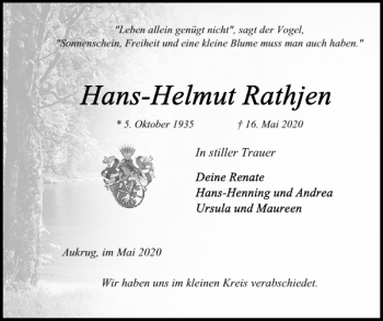 Traueranzeige von Aukrug im Mai haben im kleinen verabschiedet  von Landeszeitung