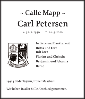 Traueranzeige von Carl Petersen von Nordfriesland Tageblatt