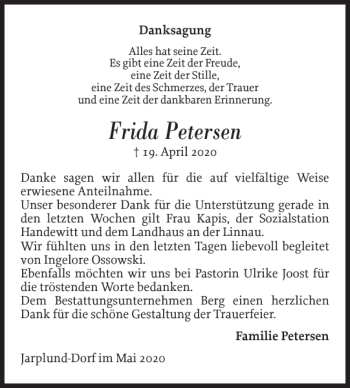 Traueranzeige von Frida Petersen von Flensburger Tageblatt