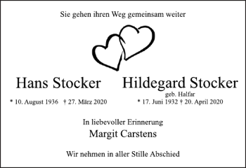 Traueranzeige von Hans Stocker und Hildegard Stocker von Uetersener Nachrichten