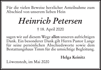 Traueranzeige von Heinrich Petersen von Husumer Nachrichten