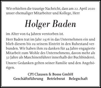 Traueranzeige von Holger Baden von Nordfriesland Tageblatt