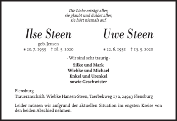 Traueranzeige von Ilse Steen Uwe Steen von Flensburger Tageblatt