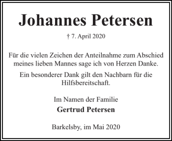 Traueranzeige von Johannes Petersen von Eckernförder Zeitung