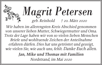 Traueranzeige von Magrit Petersen von Husumer Nachrichten