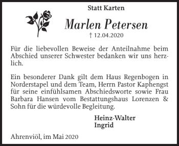 Traueranzeige von Marlen Petersen von Husumer Nachrichten