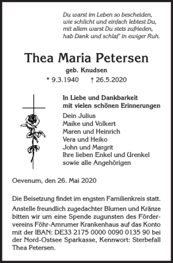 Traueranzeige von Thea Maria Petersen von Der Insel-Bote