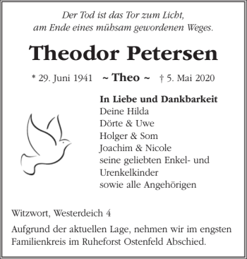 Traueranzeige von Theodor Petersen von Husumer Nachrichten