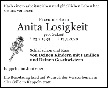 Traueranzeige von Anita Losigkeit von Schlei-Bote